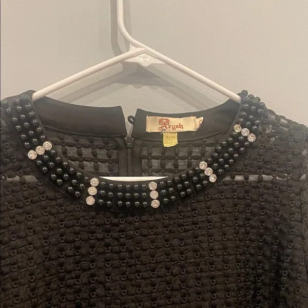 Black Textured Dress with Beaded and rhinestone Trim - Image 2