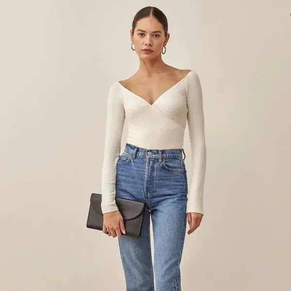 Reformation Minnie Ivory V-Neck Wrapped Knit Long Sleeve Ribbed Sweater Top XS - Image 6