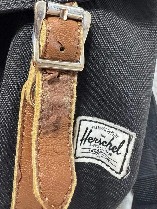 Herschel Black Canvas Backpack with Brown Leather Straps - Image 6