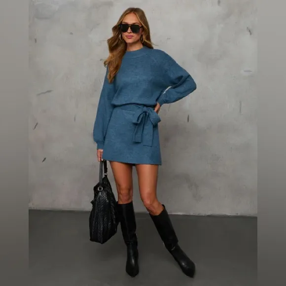 Blue Belted Sweater Dress - Image 2