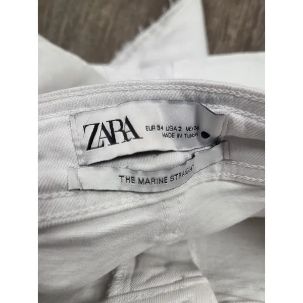 Zara Marine Straight High Waist Jean Raw Edge Size 2 Bone Light Gray - Image 2