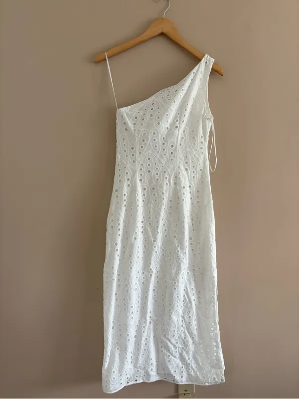 Zara White One Shoulder Eyelet Midi Dress Size XS 100% Cotton Coastal Beach - Image 5