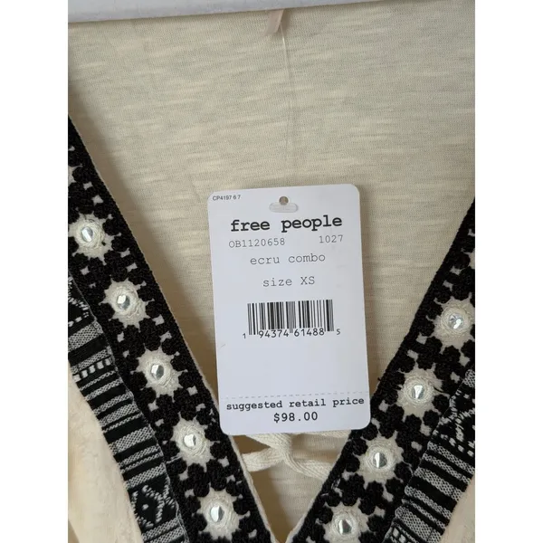 Free People Ecru Combo Embroidered V-Neck Tiered Boho Top Size Extra Small NEW - Image 7