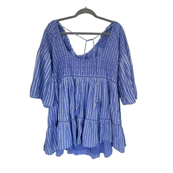 Free People Lola Boho Striped Tiered Dress Chambray Blue Embroidered Lagenlook‎ - Image 5