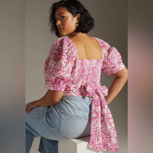 Maeve Anthropologie Tie-Back Printed Crop Top Floral Puff Sleeve Smocked Size L - Image 2