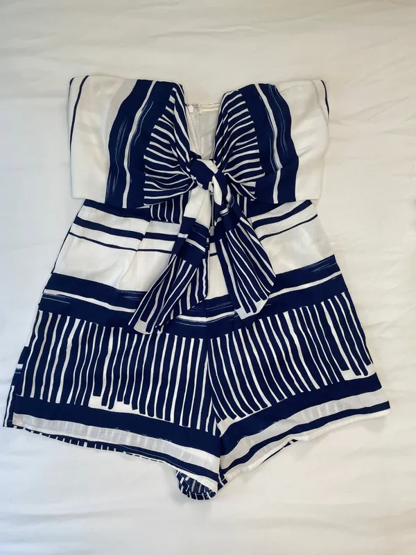 Lulu's Navy & White Strapless Tie-Front Romper - Image 5