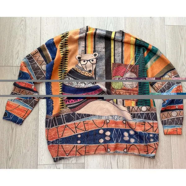 Whimsical Bear Knitting Oversized Sweater L Pullover Cotton Wool Soft Graphic - Image 2