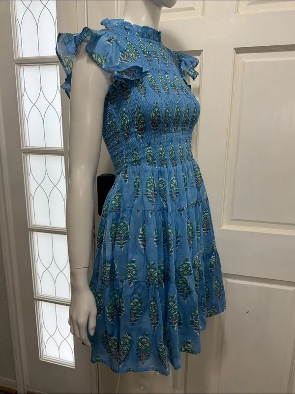 OLIPHANT 100% Cotton Smocked Flirty Ruffle Blue Block Print | Size Small - Image 10