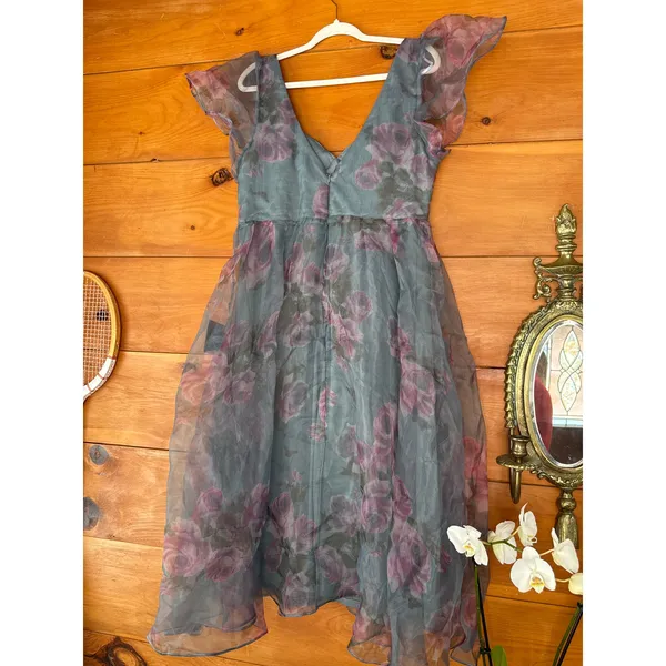 NWT Lulus Mesmerizing Mood Slate Floral Organza Ruffled A-Line Midi Dress Sz XL - Image 6
