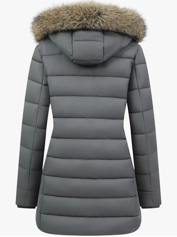 Women's Gray Quilted Long Puffer Coat with Faux-Fur Trim Hood - Image 6