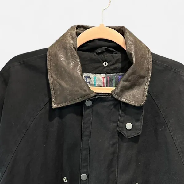 Vintage 90s Black Cotton Maxi Barn Jacket Leather Collar Oversized Small - Image 7