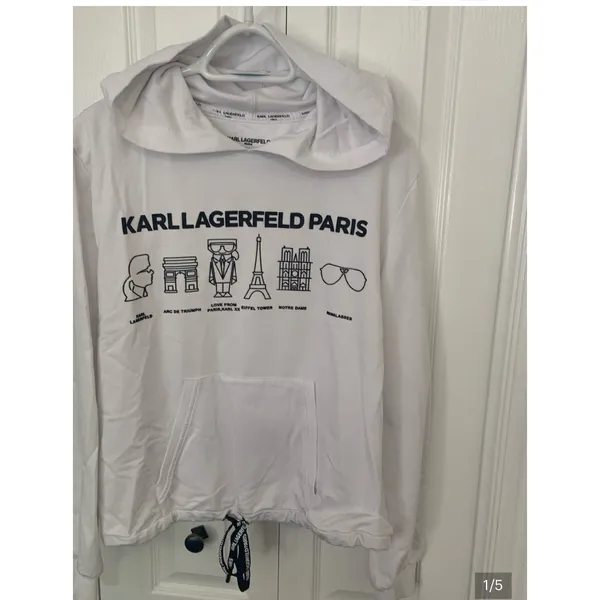 Cozy Karl Lagerfeld Men's or Women's White Hoodie with‎ Black Logo Print Fall - Image 2
