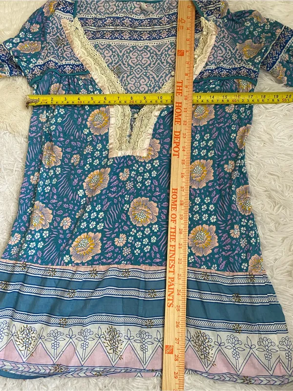 Free People boho Blue Purple Floral Tunic Lace trim Boho Cute 3/4 sleeve medium - Image 8