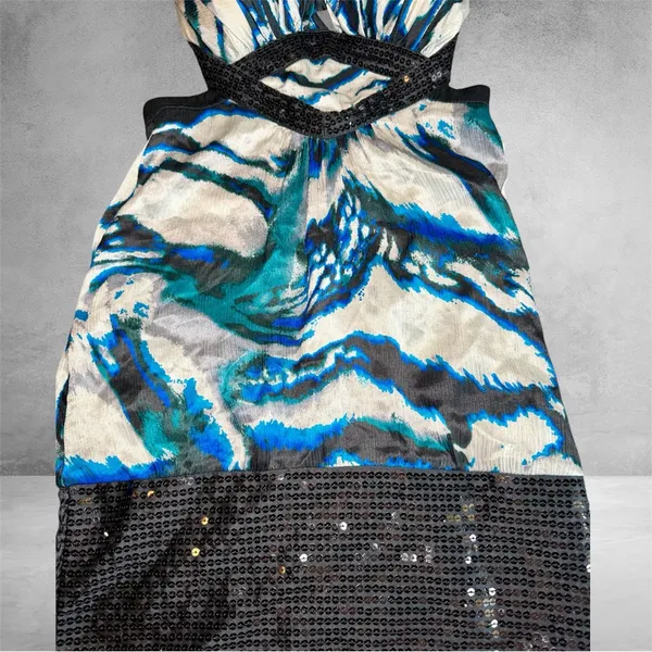 Bebe‎ 100% Silk Halter Mini Dress XS Turquoise Spotlight Y2K - Image 8