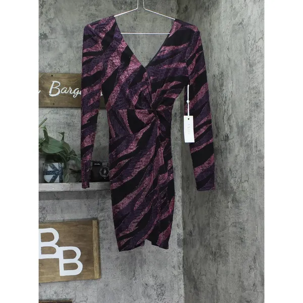 NWT Siena Womens V Neck Metallic Side-Twist Long-Sleeve Dress Purple Multi 0 - Image 5