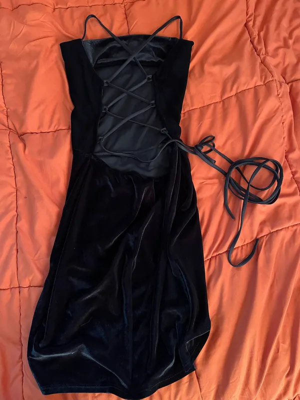 Black Velvet Tulip Open Back Tie Up Dress - Image 3