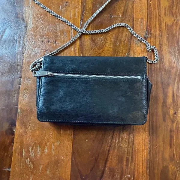 Lauren Ralph Lauren Black Textured Leather Chain Crossbody‎ Wallet Bag Silver - Image 4