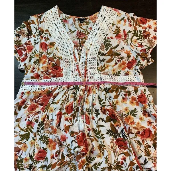Torrid Cottagecore Babydoll Crochet Trim Top Women 2X Floral Lace Up Tassel Boho - Image 11