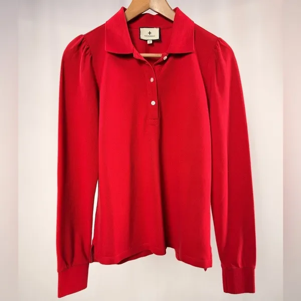 NEW Tuckernuck Peggy‎ Long Sleeve Cotton Polo Shirt in Red Size XS - Image 3