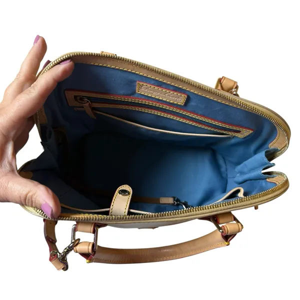 Dooney & Bourke Patent Leather Satchel Bag Oyster Taupe Authentic Neutral - Image 4