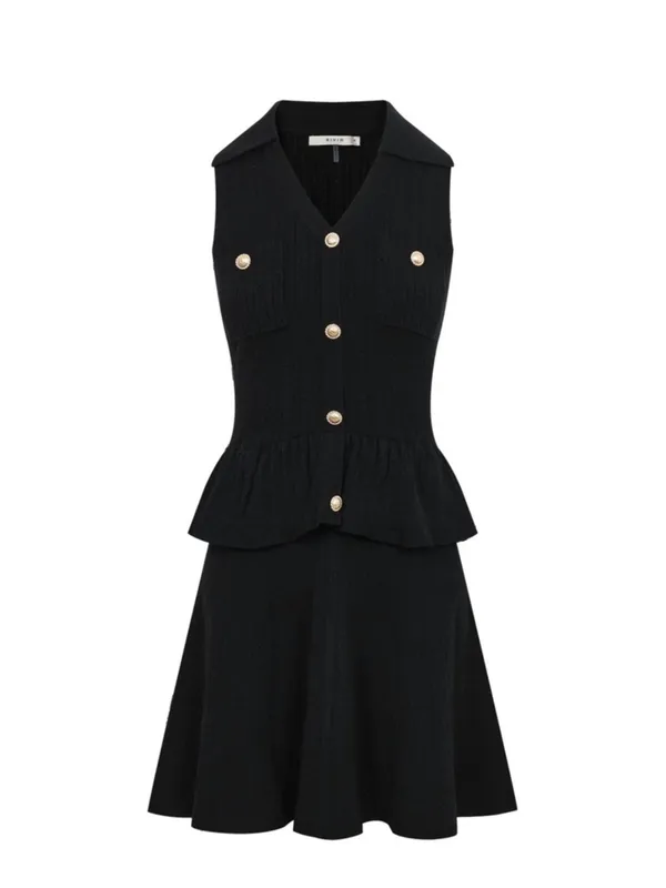 Black Tweed Mini Dress | Gold Button Sleeveless Peplum | Chic Luxury L - Image 2