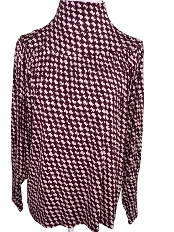 Ann Taylor Mock Neck Houndstooth Blouse Burgundy Cream Medium NWT Popover - Image 2