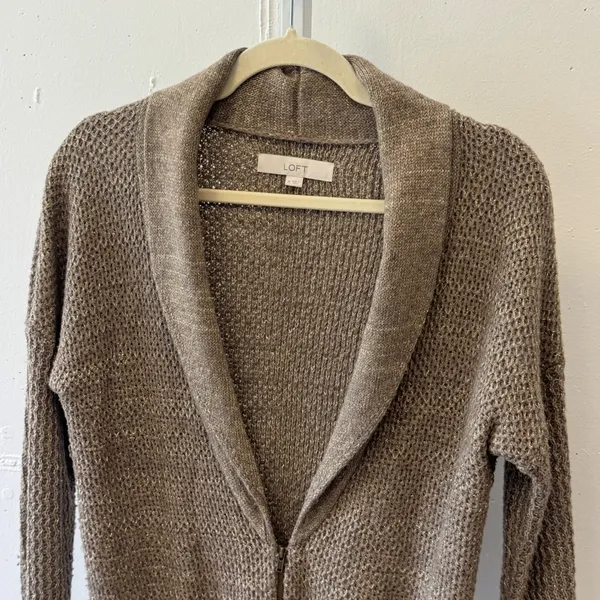 LOFT Bronze Metallic Shawl Collar Zip Up Cardigan Sweater Medium Knit Wool Blend - Image 3