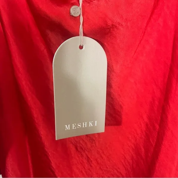 NWT Meshki Vee Off Shoulder Satin Midi Dress Red XXS - Image 4