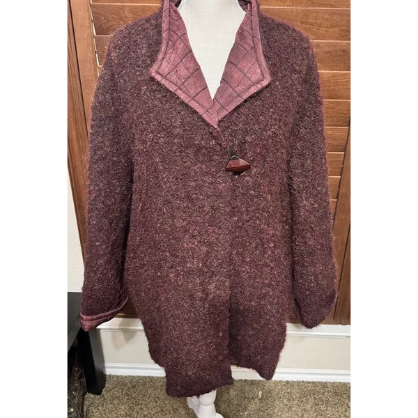 Peter Nygard Womens Coat Mohair Alpaca Wool Reversible Burgundy Jacket sz‎ 14 - Image 3