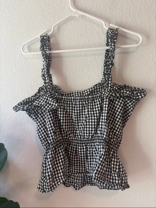 Gingham Ruffle Strap Peplum Tank Top - Black/White 7 for all Mankind Medium - Image 4