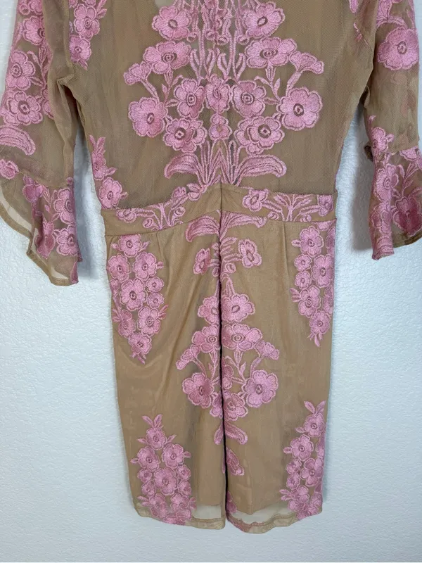 For Love & Lemons Temecula Mesh Embroidered Mini Dress in Nude Rose Pink Large - Image 11