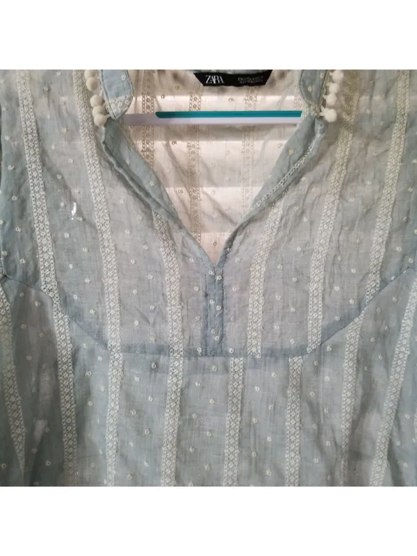 Zara Sheer Blue Embroidered Boho Blouse Womens Medium Long Sleeves Lace Details - Image 3
