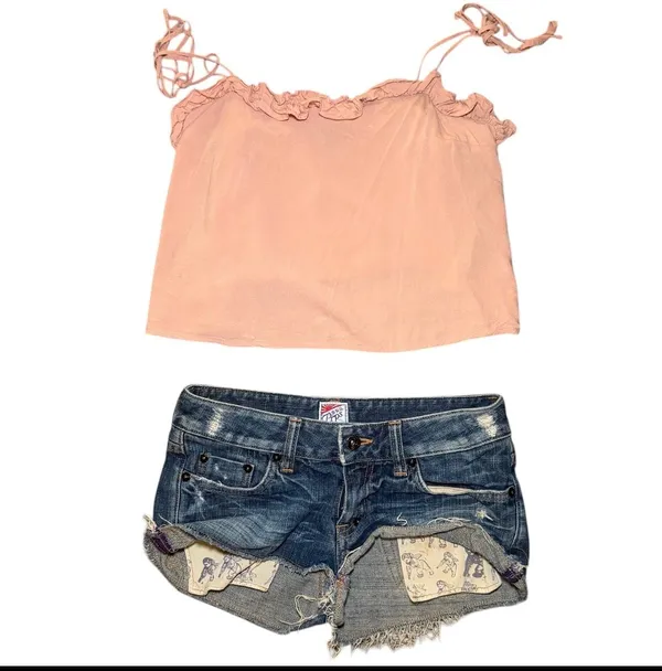 Y2K Pink Ruffle Tie Strap Crop Top Boho Babydoll‎ Cami Size Medium - Image 9
