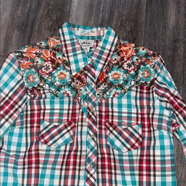 ARIAT Maria Plaid Shirt Embroidered Pearl Snaps Western XL NEW - Image 3