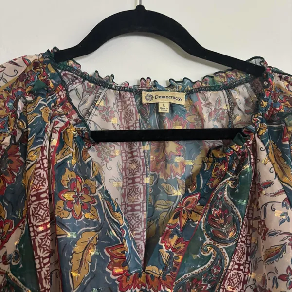 Democracy floral BoHo printed metallic thread sheer peasant blouse tunic - Image 2