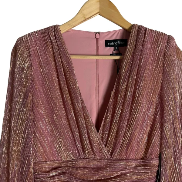 Retrofete Dani Pink Gold Lurex Long Sleeve V-Neck Mini Dress Size Small - Image 6