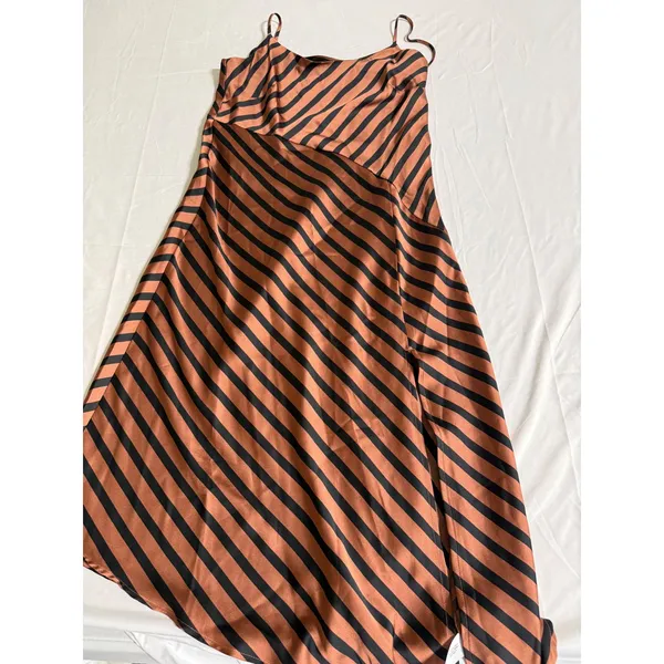A New Day Women S Brown Striped Satin Slip Midi Dress Adjustable Straps NWT - Image 2