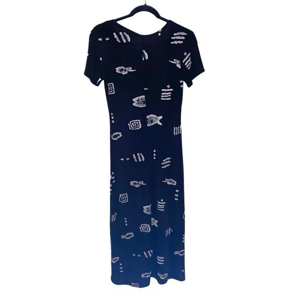Vintage Black Maxi Dress Abstract‎ Print Short Sleeve Minimalist 90s Grunge - Image 5