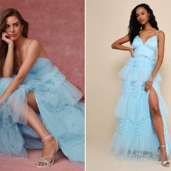 LULU's Prom Wedding Sexy Tiered Ruffles Boho Chic Blue Maxi Dress NWOT - Image 4