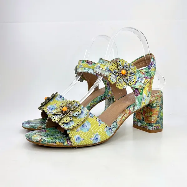 L'Artiste Spring Step Voguesh Floral Leather Block Heel Sandals 39 US 8.5 Boho - Image 4