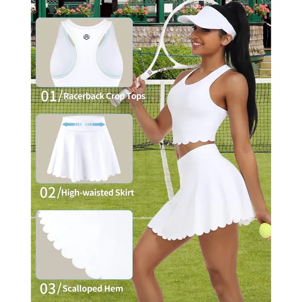 NWT Womens Tennis Skirt Set Built-In Shorts Scalloped Active Set White XS - Image 4