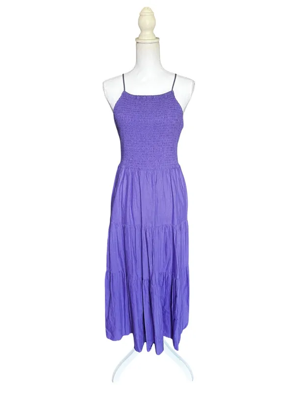NWT Universal Thread Purple Smocked Tiered Midi Dress Pockets Cutout Back M - Image 2