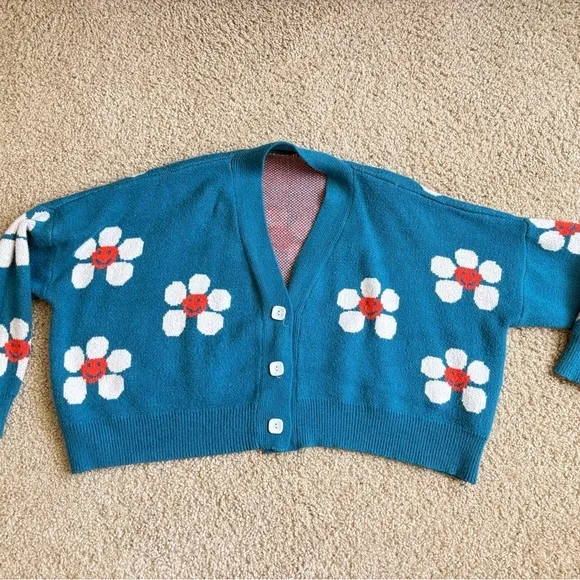 Cute Blue Knit Cardigan with Daisy Smile Flowers Kawaii‎ Y2K Cozy Top size S - Image 5