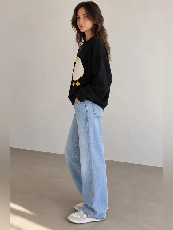 2IV&CDUPE Duck Goose Appliqué Oversized Knit Sweater – Dark Navy/Black – S/M - Image 2