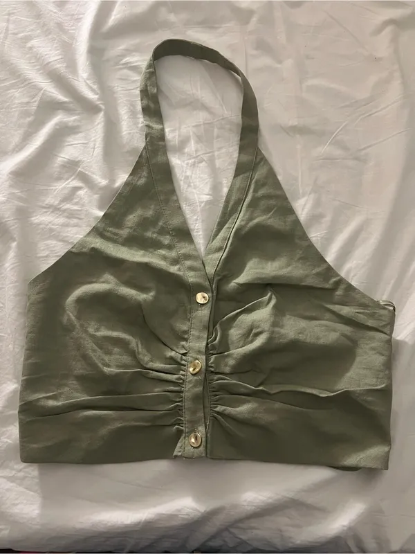 Zara green linen halter neck button front top NWT medium - Image 3