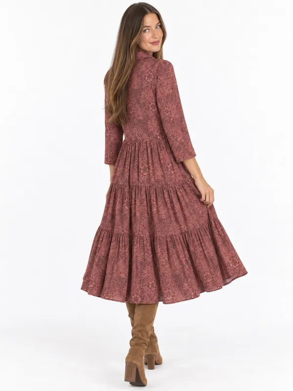 Morris & Co x H&M 6 William Morris Floral Tiered Midi Shirt Dress Burgundy Fall - Image 3