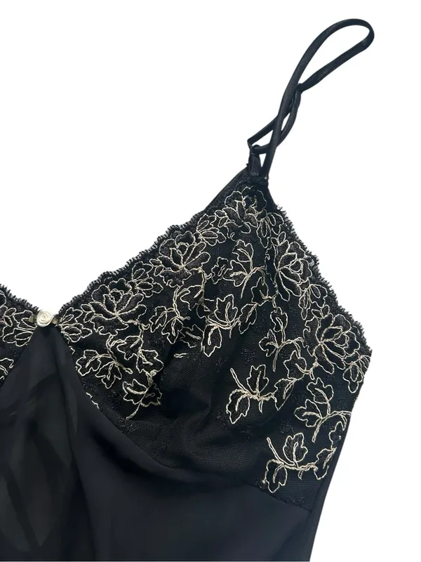 80s Sheer Chiffon Lace Slip Dress Midi Lingerie Sz M Romantic Soft Goth Coquette - Image 4
