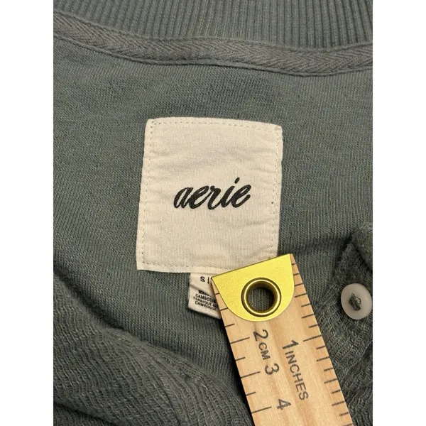 Aerie Womens Small Waffle Knit Henley Crop Top Long Sleeve Sage Green Buttons - Image 3