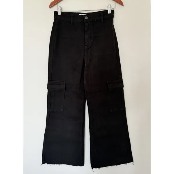 Annie Wear Raw Hem Black Cargo Wide Leg Cropped Jeans Edgy Utility Streetwear M - Image 2