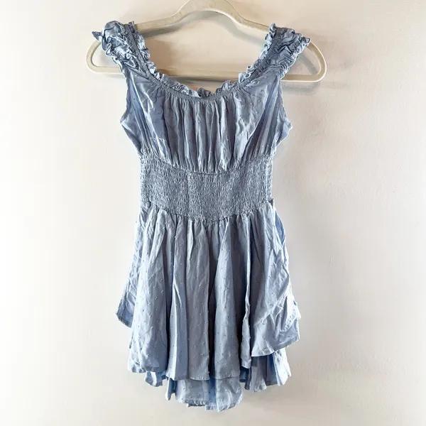 Urban Outfitters Rosie Smocked Cap Sleeve Mini Romper Blue XS - Image 4